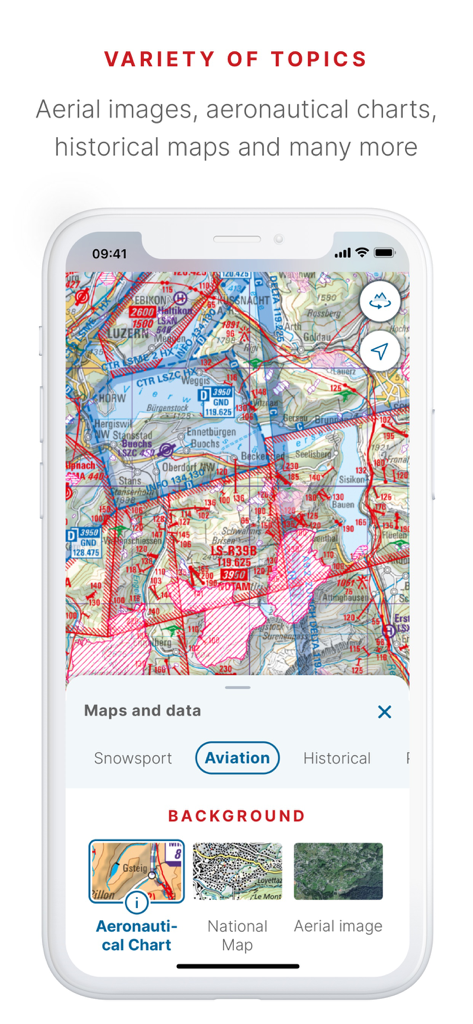 swisstopo - Interface de l'application swisstopo montrant des cartes aéronautiques et des données d'aviation sur un écran de smartphone