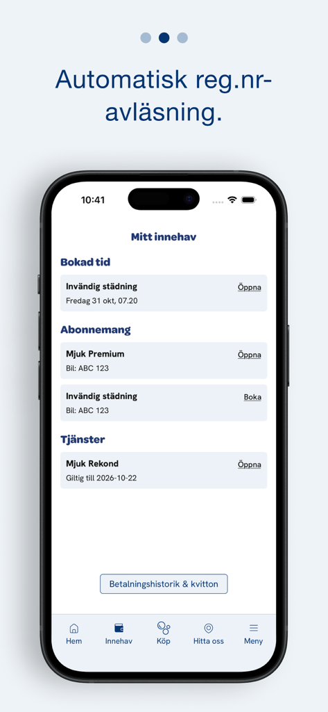 Mjuk Biltvatt app interface showing car wash subscriptions and booked cleaning services