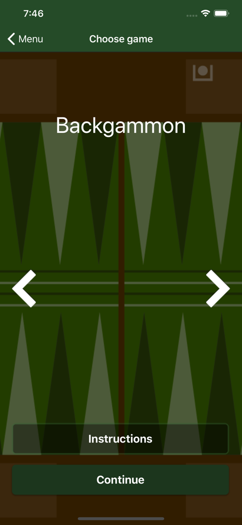 Board Games Lite - Backgammon game selection screen in the Board Games Lite app showing a green themed board