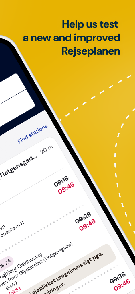Rejseplanen NextGen pilot app interface showing public transport routes in Denmark