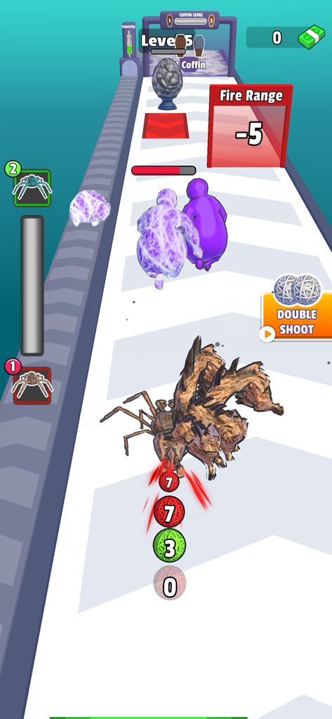 Spider Evolution - Un personaje de araña corriendo a través de una pista con obstáculos e indicadores de progreso de nivel en el juego Spider Evolution