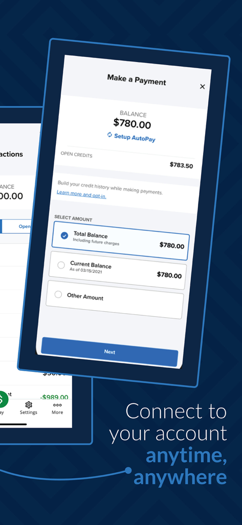 rmResident - A mobile phone screen showing the rmResident app payment interface with a balance of 780 dollars.