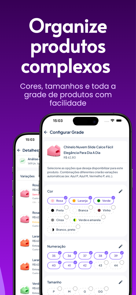 Stoqui: Catálogo e Vendas - Interfaz de aplicación móvil que muestra la configuración de variantes de productos para colores y tamaños en un catálogo digital.