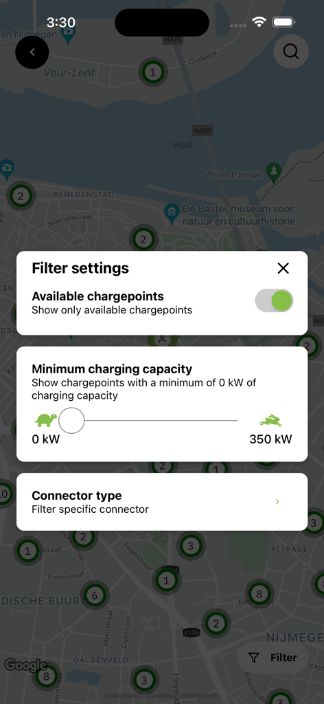 50five - Vue de carte de l'application 50five montrant les paramètres de filtre pour la capacité de recharge et les types de connecteurs