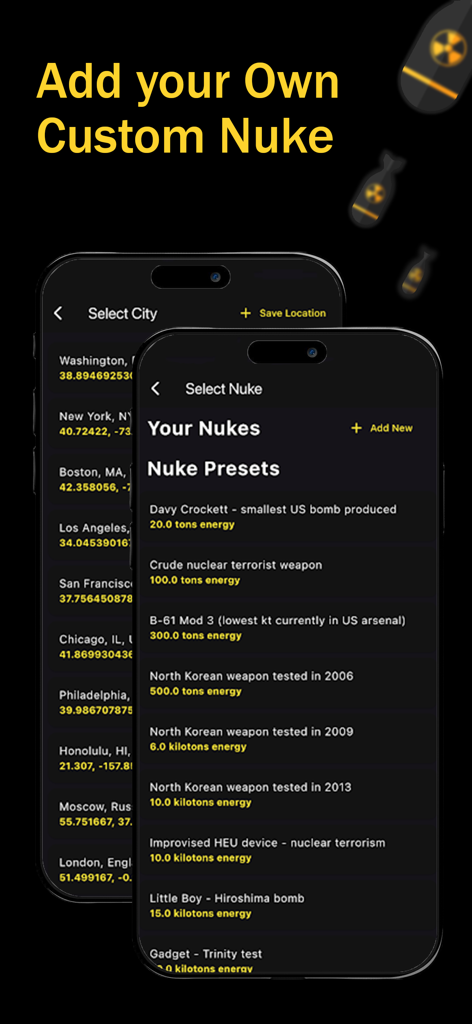 Interfaz del simulador Nuke Map que muestra listas de ajustes preestablecidos de armas nucleares y ciudades objetivo