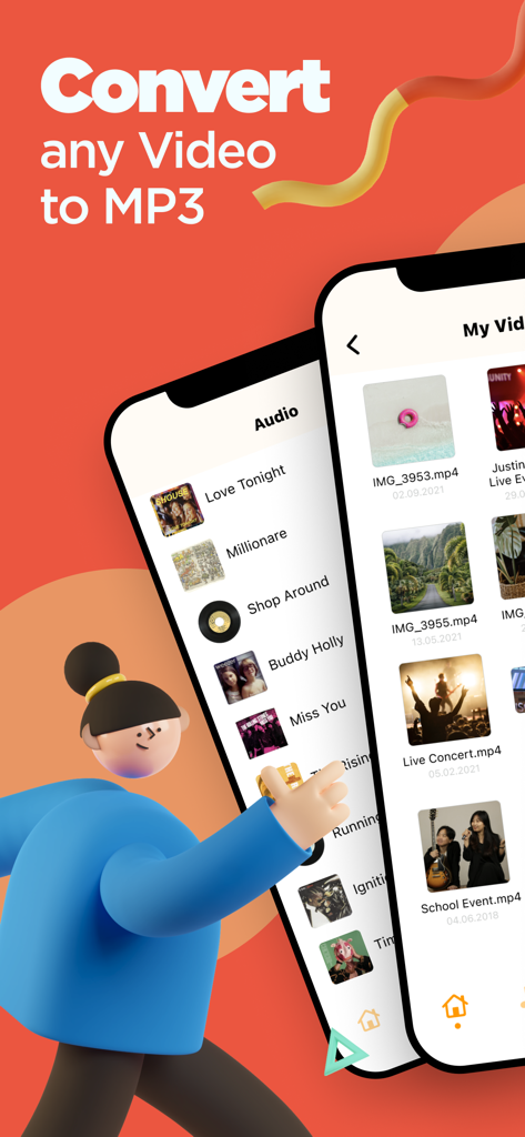 Video to MP3 Converter - FAST - Interface of Video to MP3 Converter app showing video and audio file libraries on an iPhone