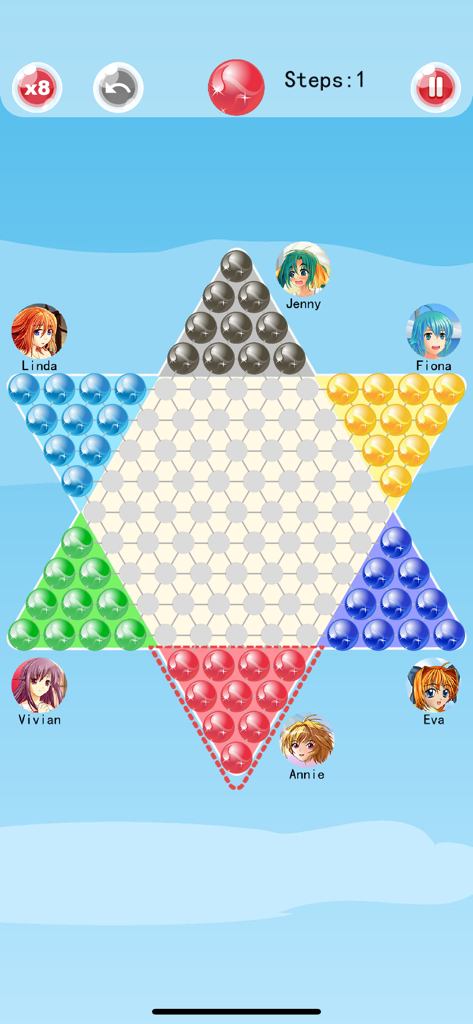 Chinese Checkers-A.I. Enhanced - A star-shaped Chinese Checkers game board with colorful marbles and anime character avatars representing players.