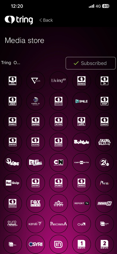Raster von TV-Kanal-Logos auf dem Bildschirm des Tring TV App Media Stores