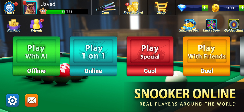 Pantalla de inicio del juego Snooker Elite Online con modos multijugador y para un jugador