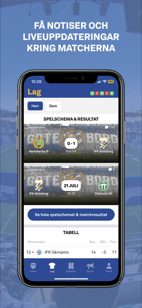 Blåvitt+ - Blåvitt+ app interface showing football match results, upcoming schedule, and league standings.