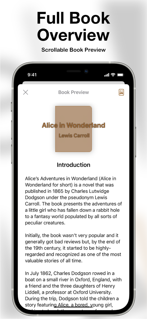eScribo - A smartphone displaying the escribo app with a full book overview and scrollable preview of Alice in Wonderland.