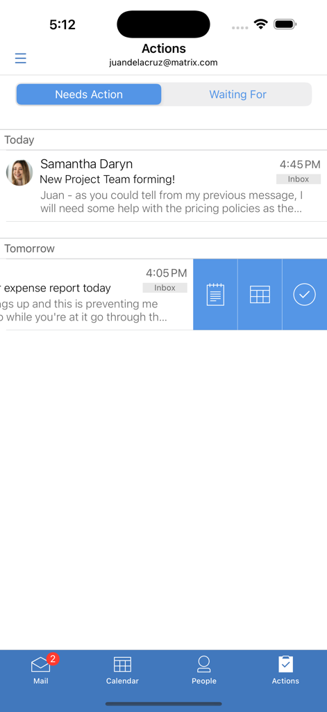 Interface de l'application HCL Verse affichant l'onglet Actions avec les tâches et les suivis des e-mails professionnels, organisés par date.