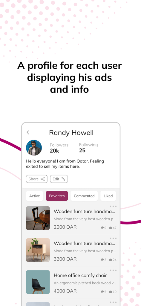 Mzad Qatar مزاد قطر - User profile screen in the Mzad Qatar app showing follower counts and active product listings for furniture