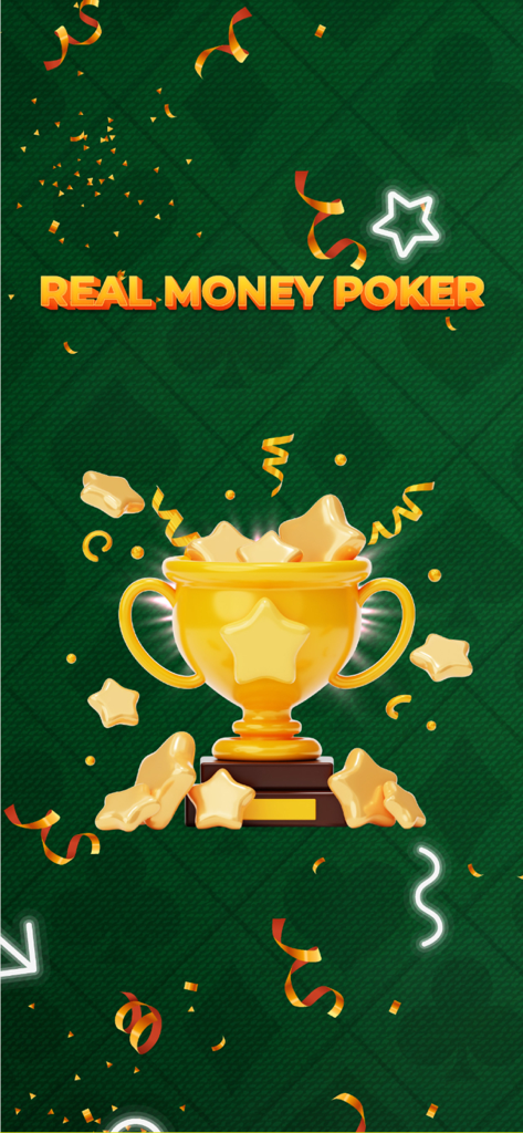 Real Poker Money - Real Money Poker app interface featuring a golden championship trophy filled with stars and falling confetti on a green background
