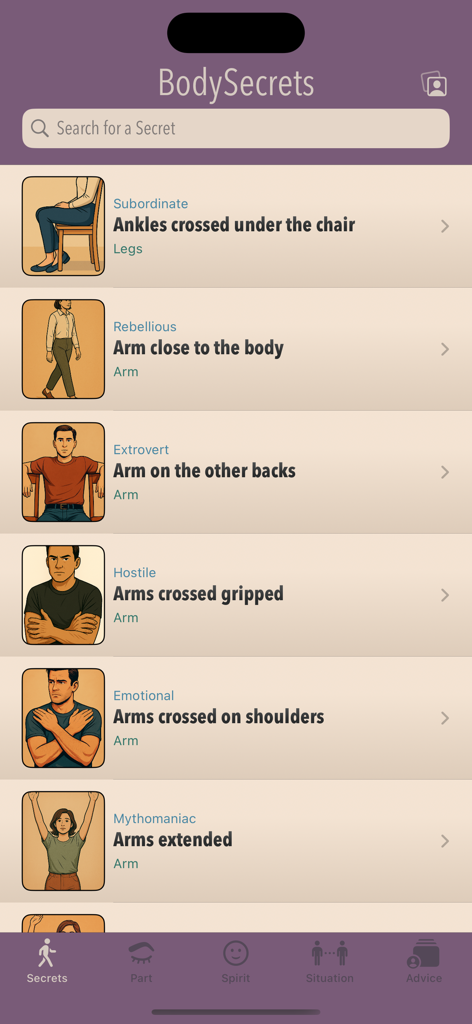 Body Secrets - Eine Liste von Körpersprache-Gesten und deren Bedeutungen in der Body Secrets App, einschließlich unterwürfiger rebellischer und feindseliger Haltungen.