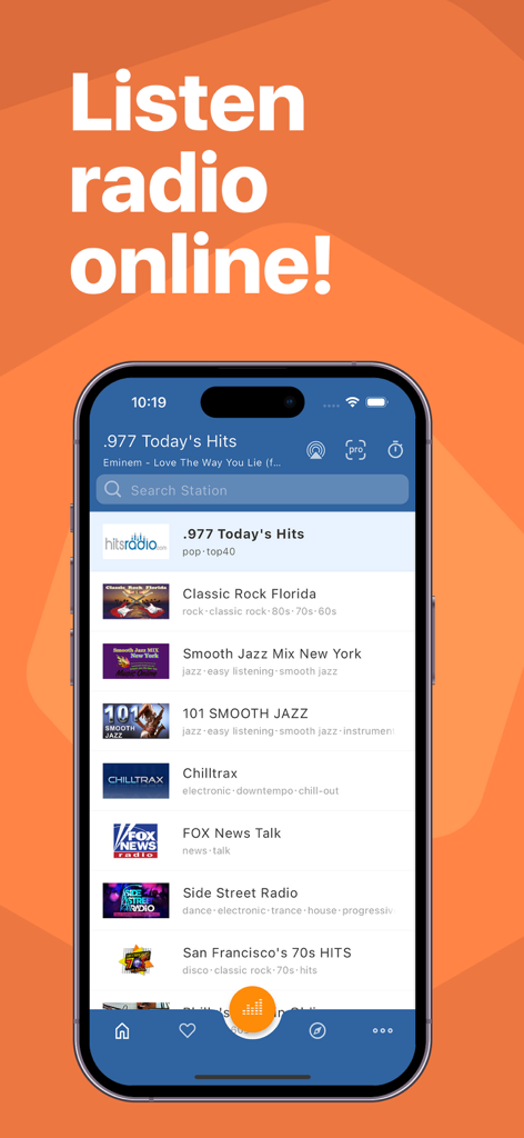 Online Radio Box: FM Radio App - Interface of the Online Radio Box app on a smartphone displaying a list of live radio stations from various genres