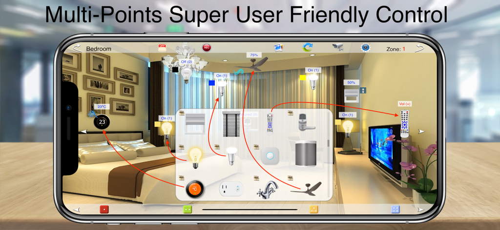 HOS Smart Home app bedroom interface with interactive device icons over a real room photo