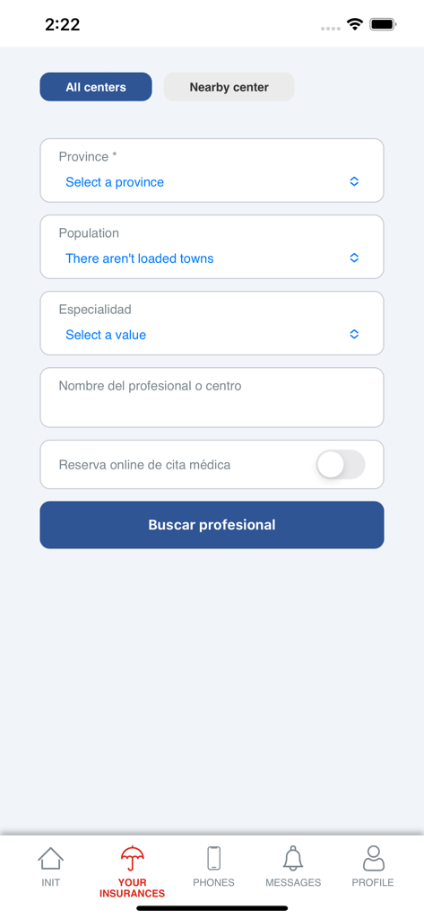 FIATC Seguros - FIATC Segurosアプリの医療専門家および医療センター検索画面。