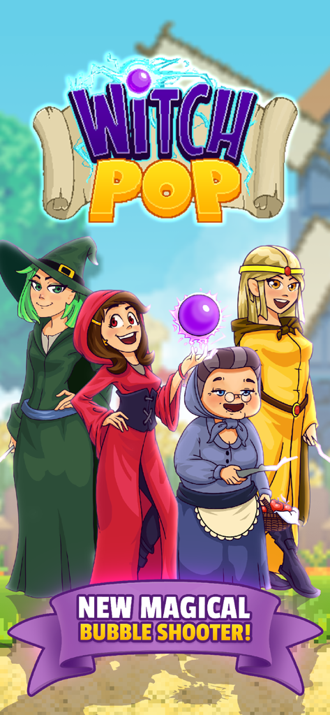 Witch Game - Bubble Pop Origin - Cuatro personajes de bruja parados juntos en el juego de disparar burbujas Witch Pop