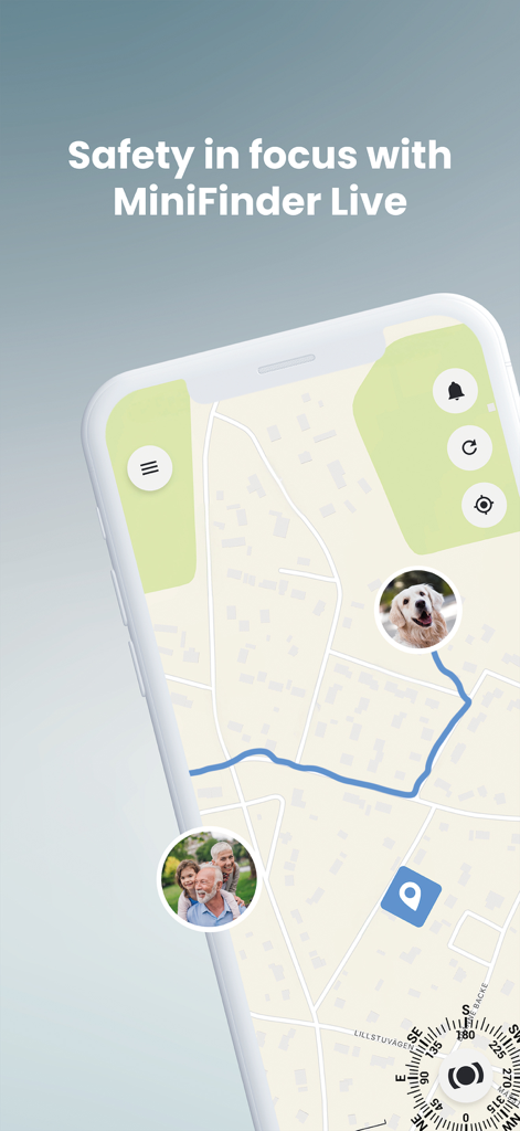 MiniFinder Live - GPS Tracking - MiniFinder Live app map interface for tracking family and pets in real time
