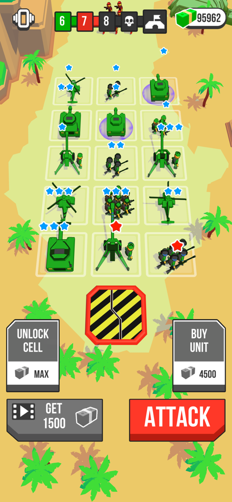 Epic Army Clash - Gameplay screenshot of Epic Army Clash showing military units like tanks and helicopters on a merge grid ready for battle