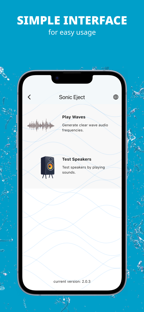 Water Eject - Snd Wave 432 Hz - Mobile app interface showing options to play sonic waves and test phone speakers for water removal.