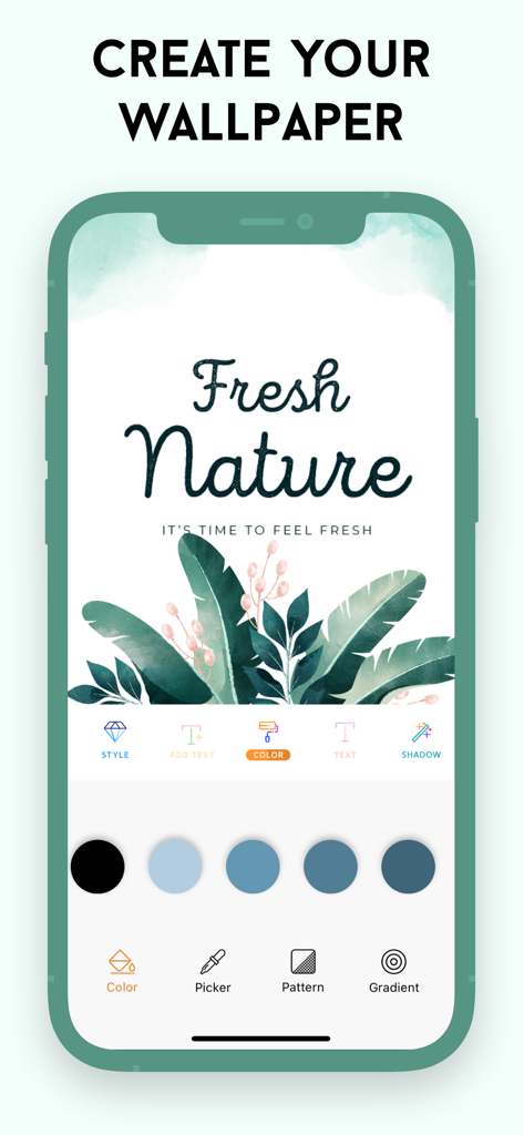 Interface de editor de papel de parede aesthetic no iPhone mostrando gráficos botânicos e texto em script personalizado
