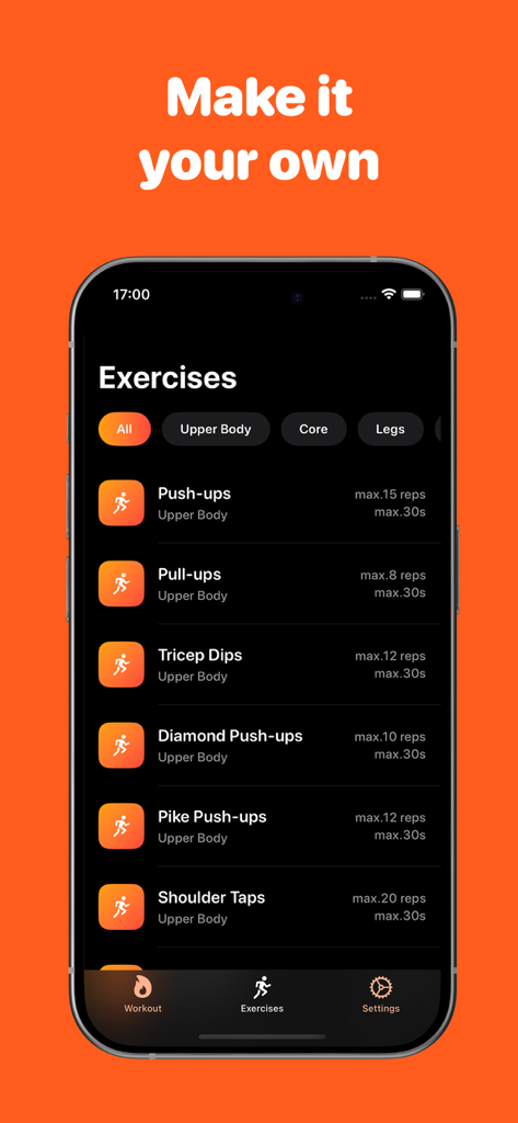 Daily8 app interface showing a list of customizable exercises and daily workout challenges