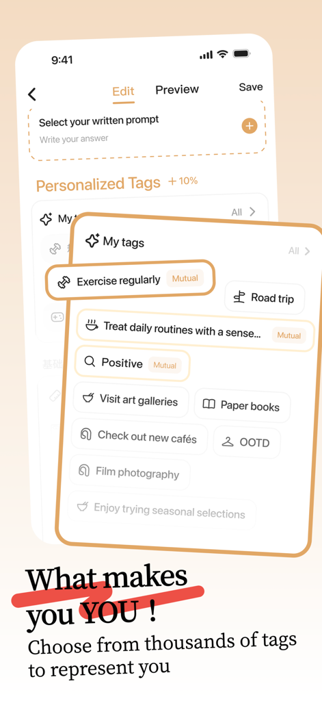 Interfaz de la app Ping mostrando etiquetas de perfil personalizadas como 'hace ejercicio regularmente' y 'viaje por carretera'.