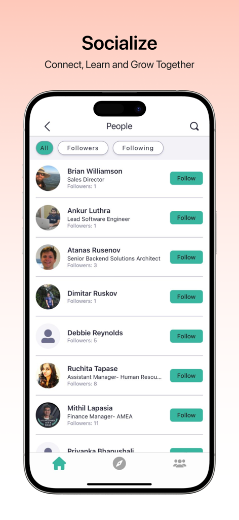 Cornerstone LearningExperience - Socialize screen in the Cornerstone LearningExperience app showing a list of professional colleagues and follow buttons