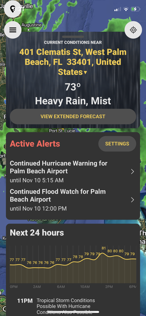 StormWatch plus app interface displaying hurricane warnings and current weather conditions