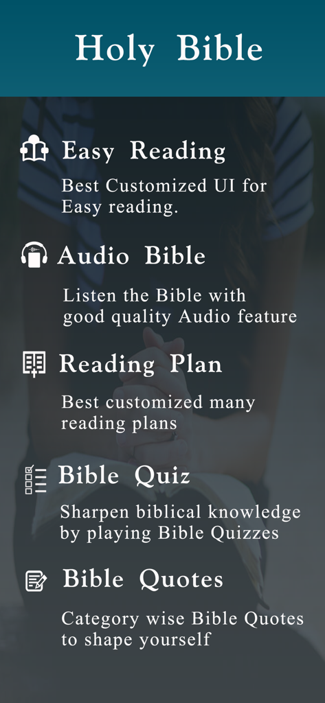 Catholic Holy Bible with Audio - Main features list of the Catholic Holy Bible app including Easy Reading Audio Bible Reading Plan Bible Quiz and Bible Quotes