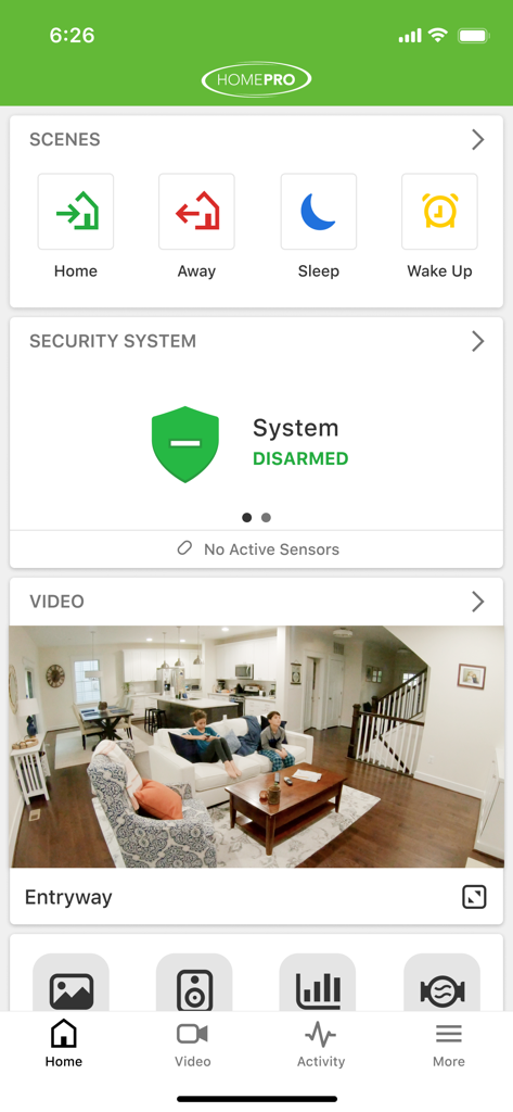 HomePro Security - Dashboard of the HomePro Security app showing smart home scenes and a live video feed of the entryway