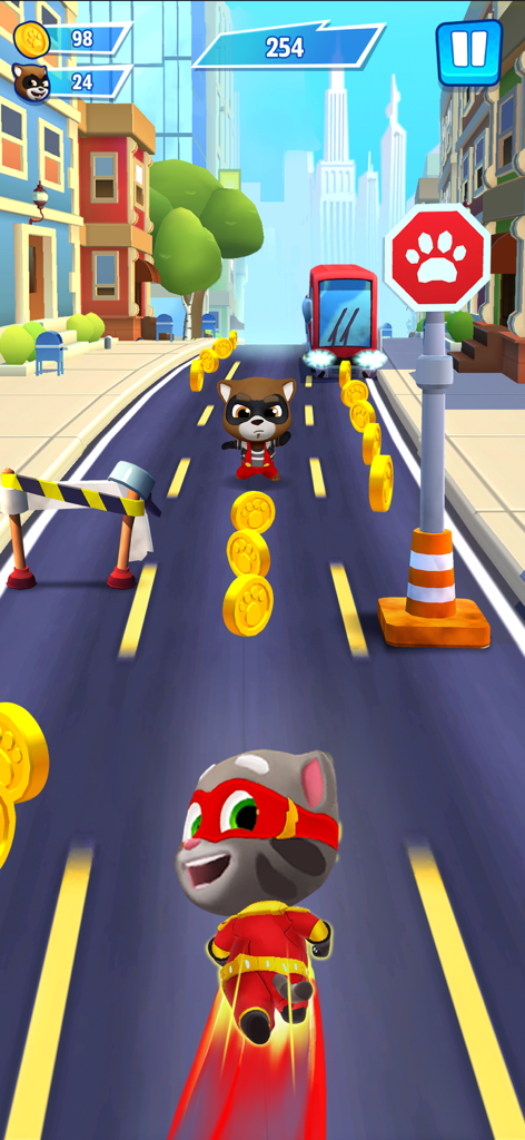 Talking Tom in a superhero costume running and collecting coins in a city