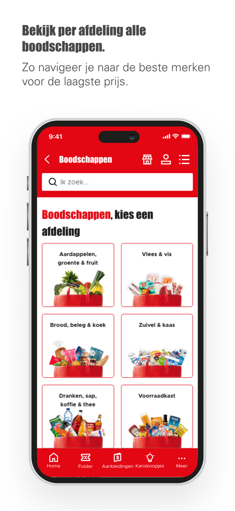 Tela do aplicativo móvel mostrando categorias de supermercado como frutas e verduras, carnes, laticínios e itens de despensa no aplicativo Dirk Supermarkt.