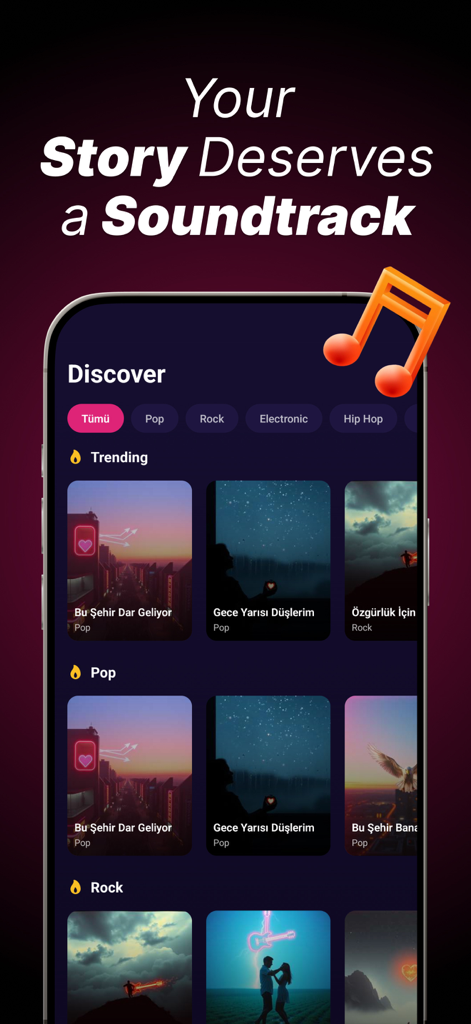Melodiai - AI Song Music Maker - Melodiai app discovery feed showing trending AI songs and music categories
