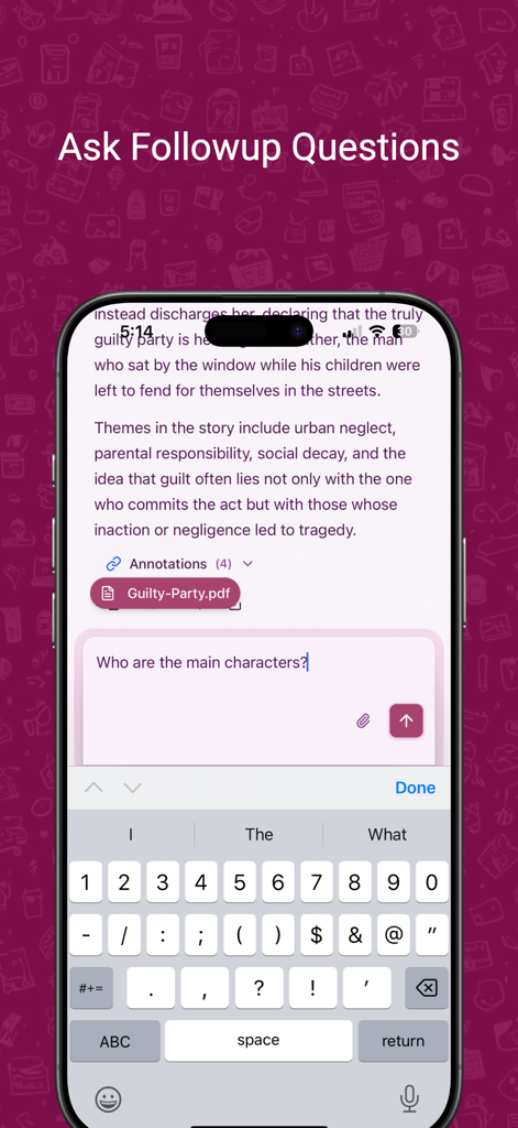 ユーザーがドキュメントに関するフォローアップの質問をしているPDF AIアプリのインターフェイスを表示するスマートフォン。