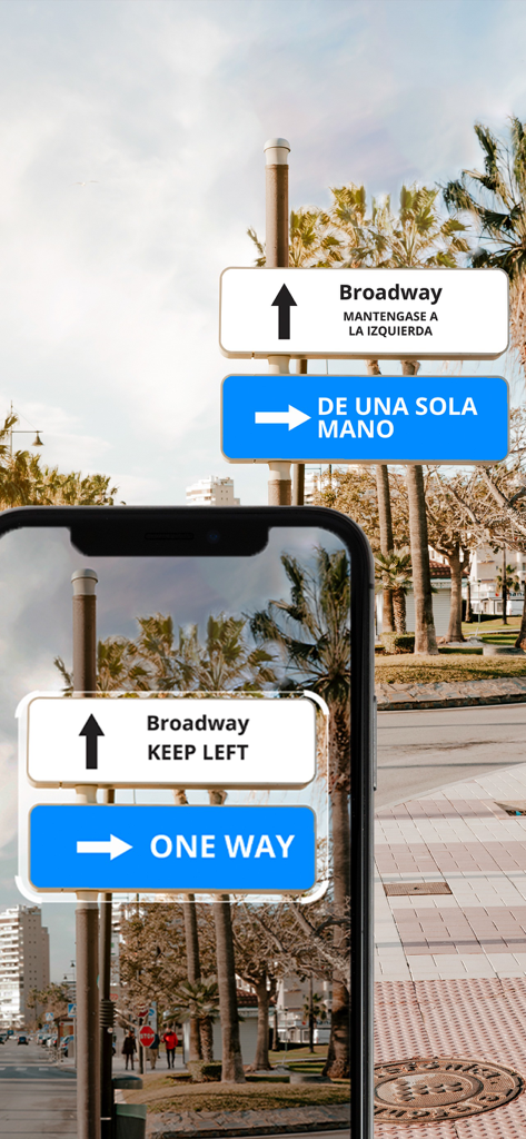 スペイン語の街頭標識をリアルタイムで英語に翻訳して表示しているスマートフォンの画面