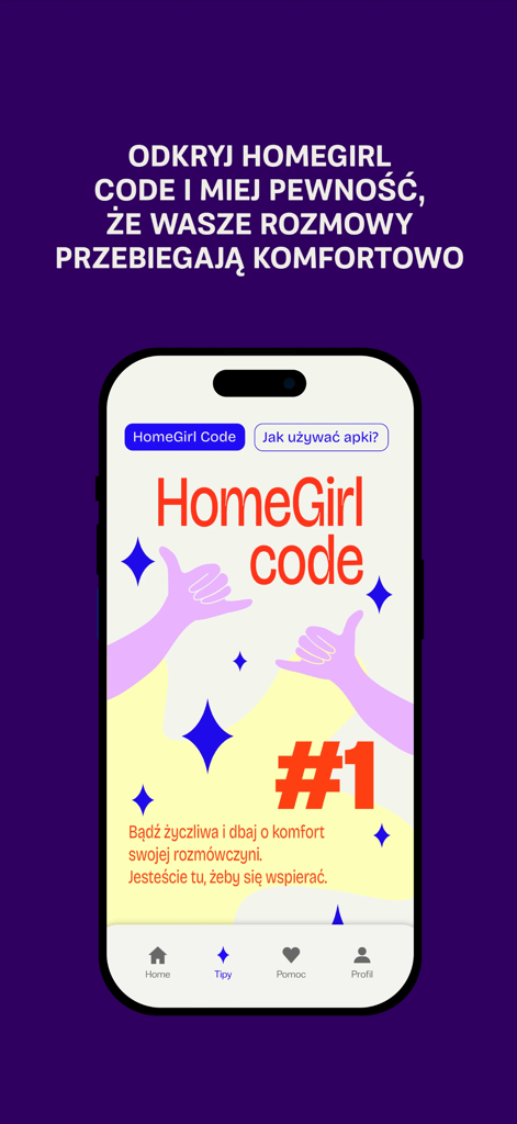 HomeGirl mobile app screen displaying the community code of conduct for safe and supportive communication between users.