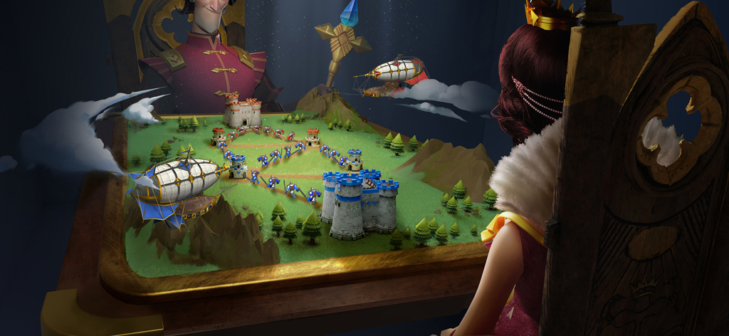 Castle Empire - Characters overlooking a 3D tactical tabletop map with castles and airships in Castle Empire