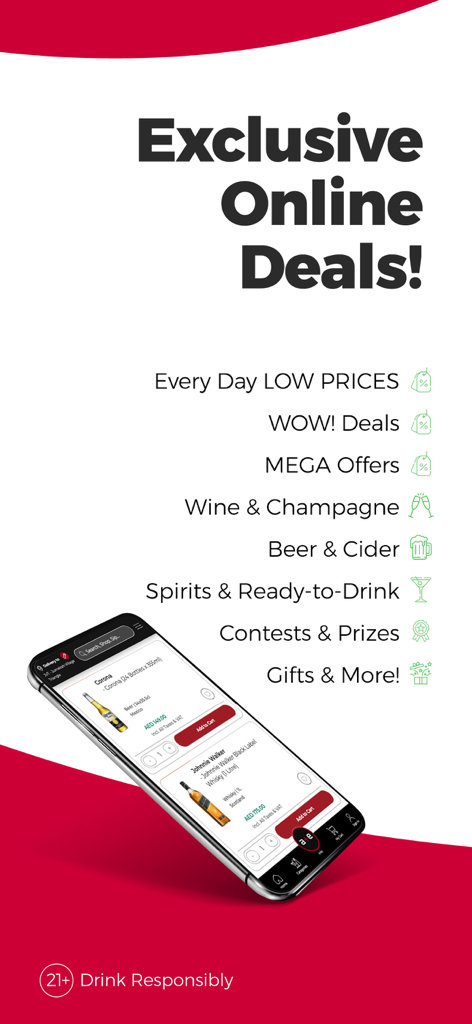 Promotional screen for African + Eastern UAE app showing exclusive online deals for wine spirits and beer