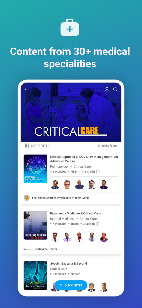 OC Doctor - OC Doctor app interface displaying various medical courses and specialties for physicians