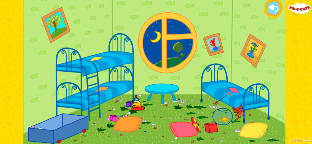 A day with Kid-E-Cats - Una habitación desordenada en Kid-E-Cats con literas y juguetes esparcidos por la noche