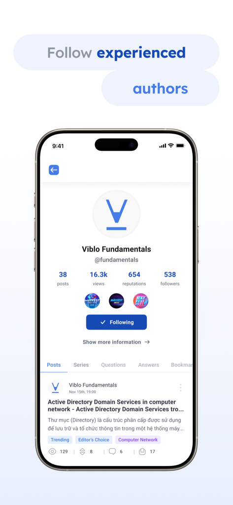 Viblo - Benutzerprofil in der Viblo App, das Entwickler-Errungenschaften und technische Beiträge anzeigt