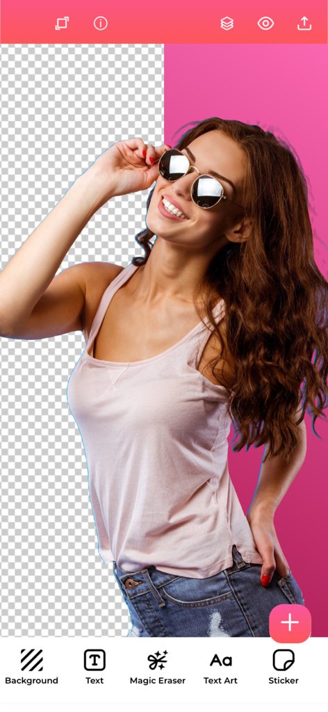 Graphic Design & Logo Creator. - ポートレート写真で背景除去機能とマジック消しゴム機能を示すグラフィックデザインアプリのインターフェース