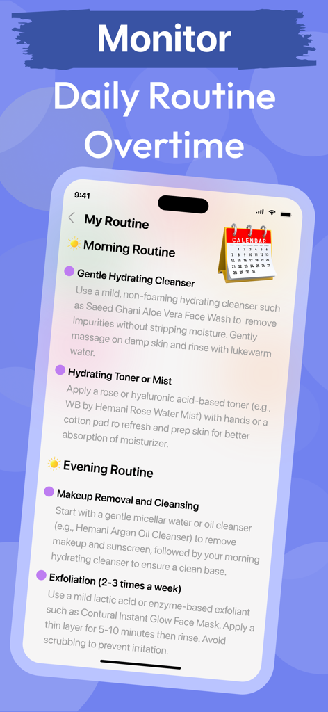AI Skin Care Scanner・Acne Safe - App screen showing morning and evening skincare routines with a daily calendar.