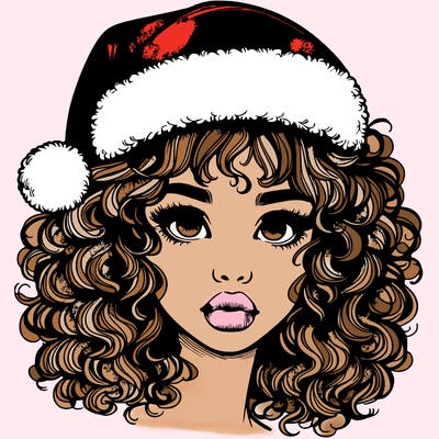realistic girl with a santa hat curly hair and lips