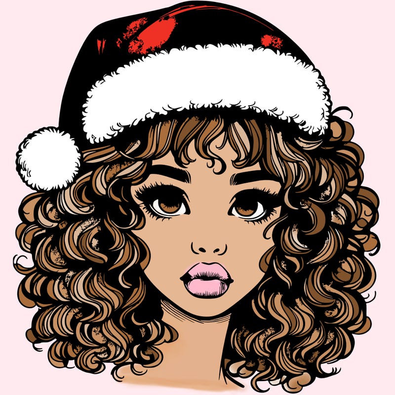 realistic girl with a santa hat curly hair and lips