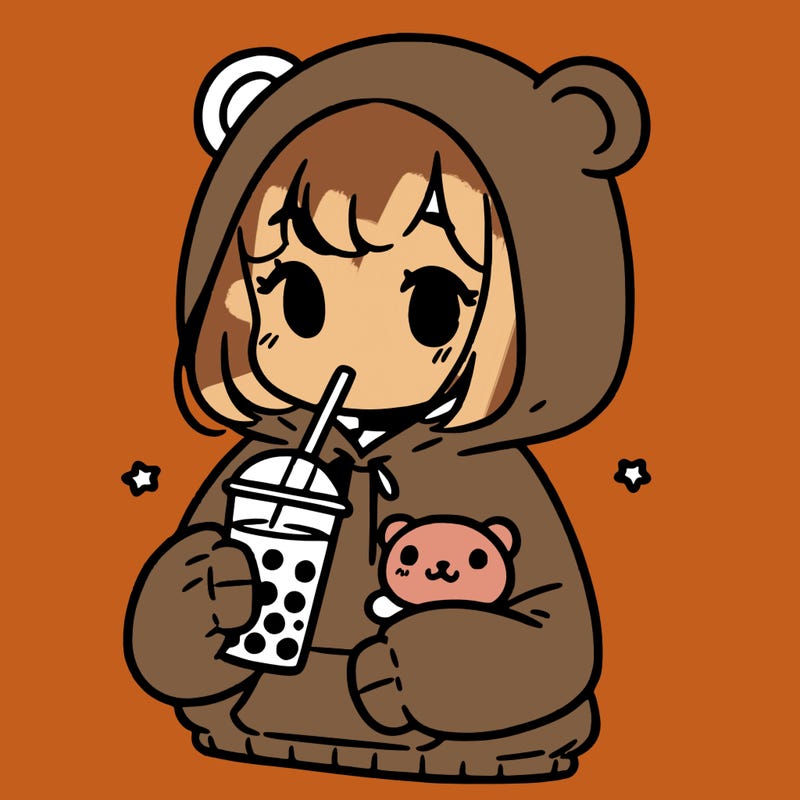simple cute girl wearing oversized hoodie that has a teddy bear on it drinking boba
