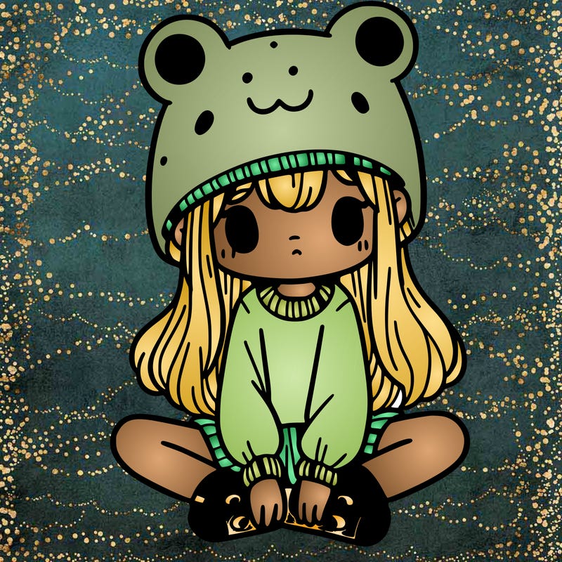 a girl wearing a frog hat and some frog socks